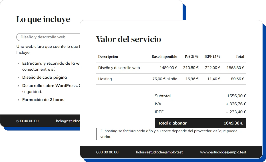 Dos hojas de un presupuesto generado: lo que incluye y el valor del servicio, con impuestos y total.