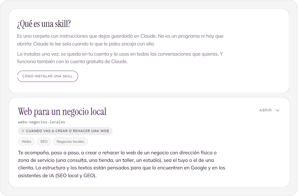 La biblioteca de la Caja de Herramientas, con una skill para crear o rehacer la web de un negocio local.